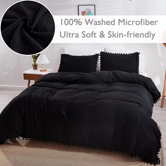 UO 3 Pieces Queen Black Pom Pom Fringe Duvet Cover - Picture 4 of 8